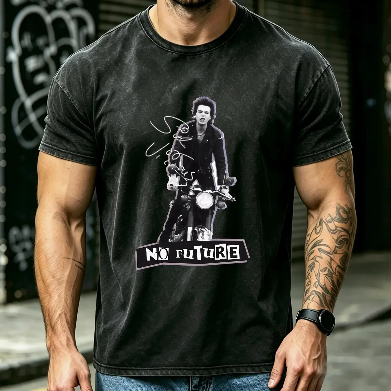 washed T Shirt New Rare Sid Vicious No Future Popular Black All Size A272 vintage Washed streetwear Slightly Stretched