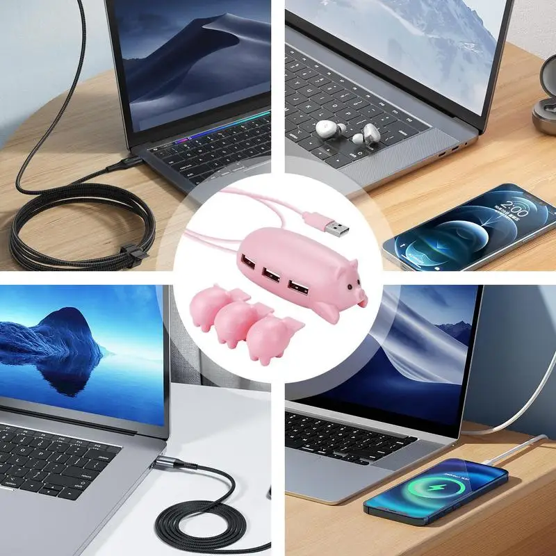 محطة إرساء USB لطيف الخنازير على شكل نوع C حوض 3 منفذ USB محول محور USB الفاصل مع 3 أغطية الديكور الخنازير لأجهزة الكمبيوتر المحمول