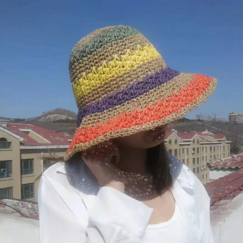 Chapeau de plage à rayures arc-en-ciel pour femme, casquette pliable au crochet, chapeau anderparent-enfant, casquette pare-soleil de plage pour