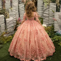 Luxurious Pink Half Sleeve Flower Girl Dress For Wedding Applique Princess Kids Birthday Party Dress First Communion Ball Gowns