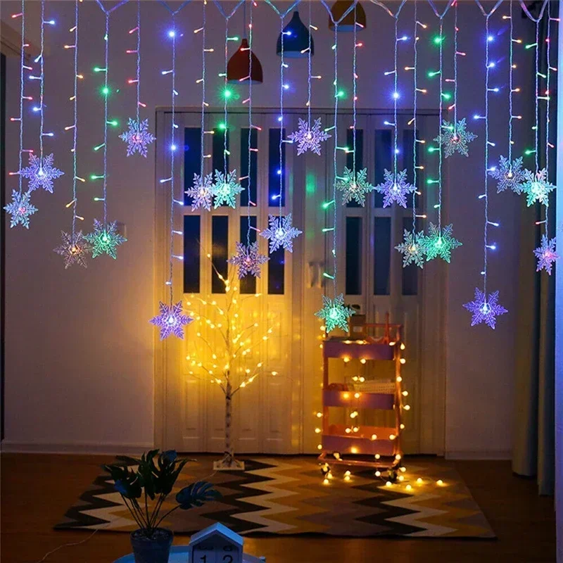 ใหม่ปี 2025 กระพริบ 8 โหมดสวนเกล็ดหิมะผ้าม่านหน้าต่าง Garland LED Icicle Fairy Light EU Plug ตกแต่งคริสต์มาส