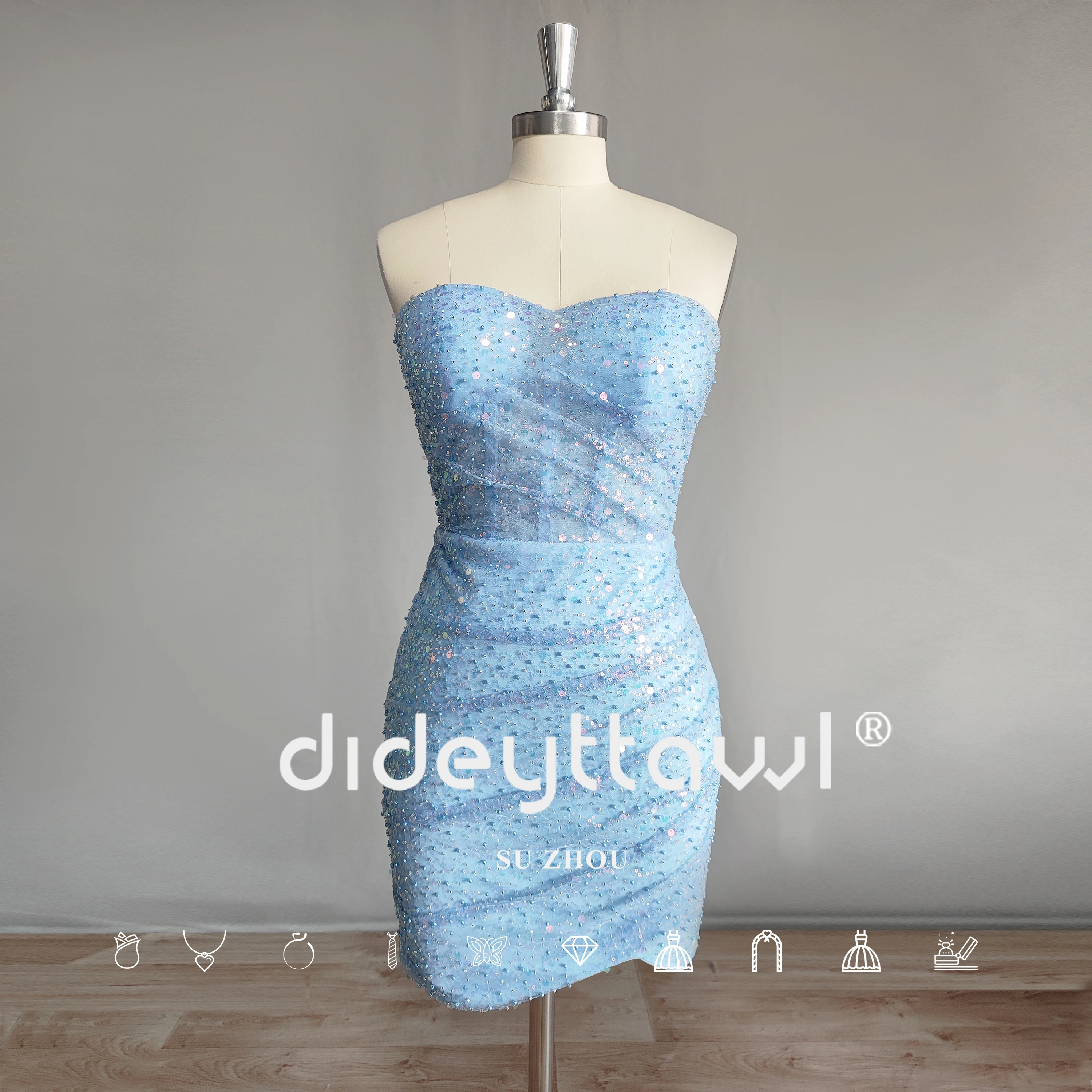 DIDEYTTAWL bebê azul lantejoulas Sparkly Strapless destacável Tiered Train Prom Vestido Bainha Bainha Apressado Vestido Curto