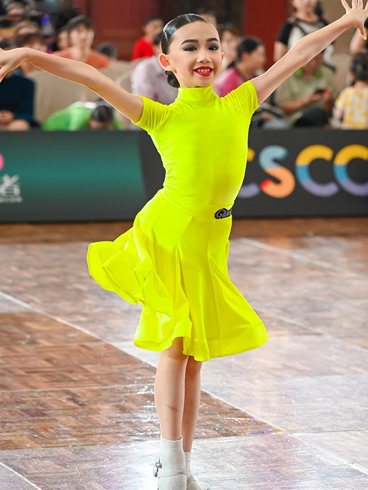 Fluorescence Yellow Latin Competition Dress Girls Summer Practice Clothes Samba Rumba Performance Outfit  Bodysuit Skirt DL10838