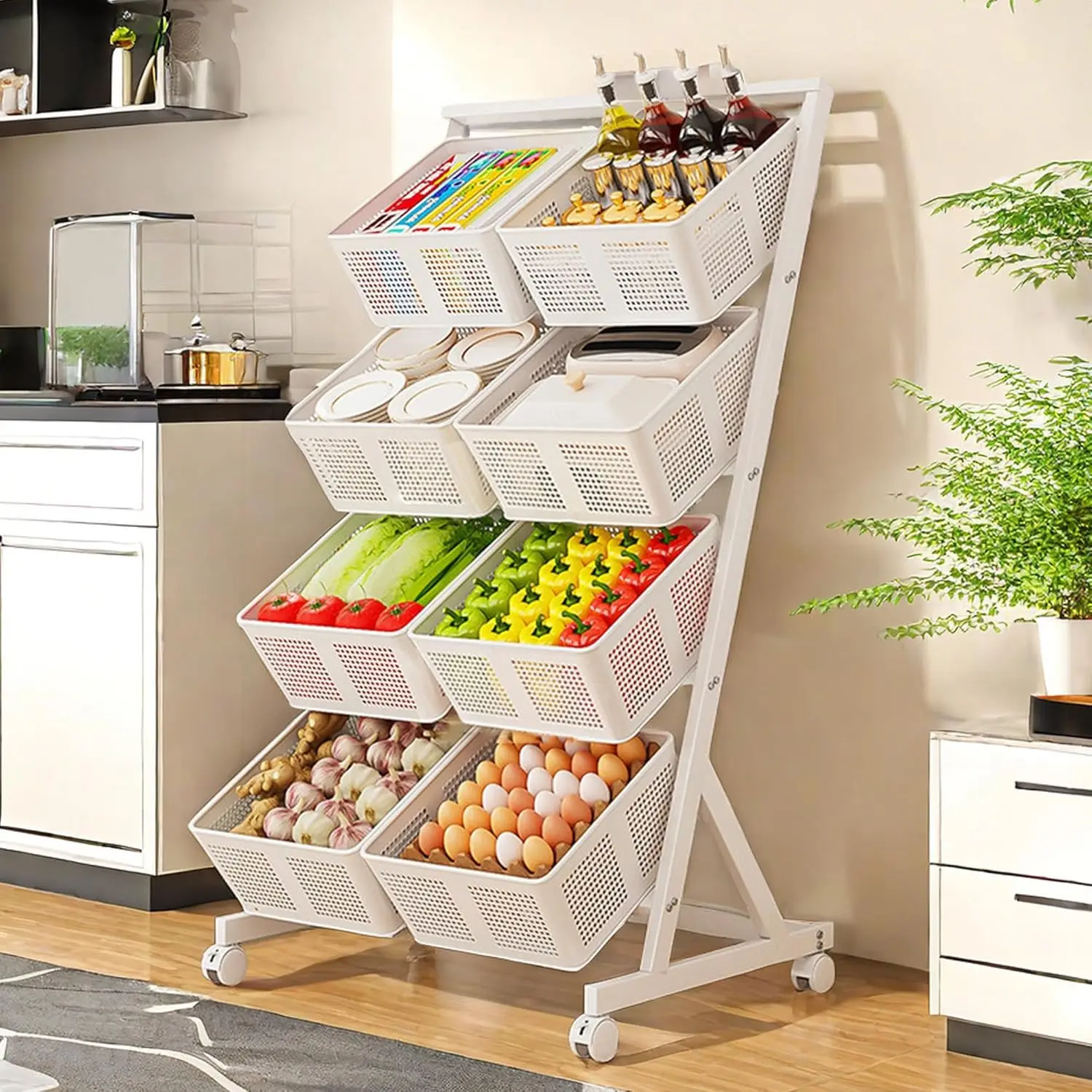 Beey Kitchen Storage Cart, 4 Tier Fruit Vegetable Basket Storage Cart With Rolling Wheels, Removable Rolling Cart With Push