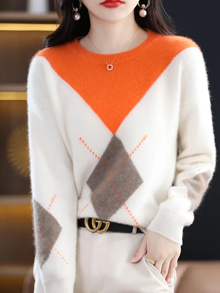 Autumn Winter Women Knitwear Sweater Fashion New Round Neck 100% Wool Pullover Warm Loose Diamond Pattern Color Matching Tops