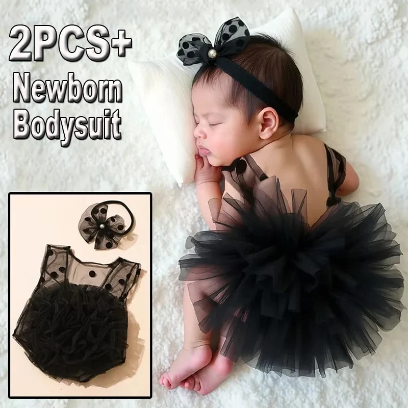 2Pcs Black Newborn Lace Romper Fluffy Mesh Photography Outfits With Lace Bow Headband For Baby Photo Shooting