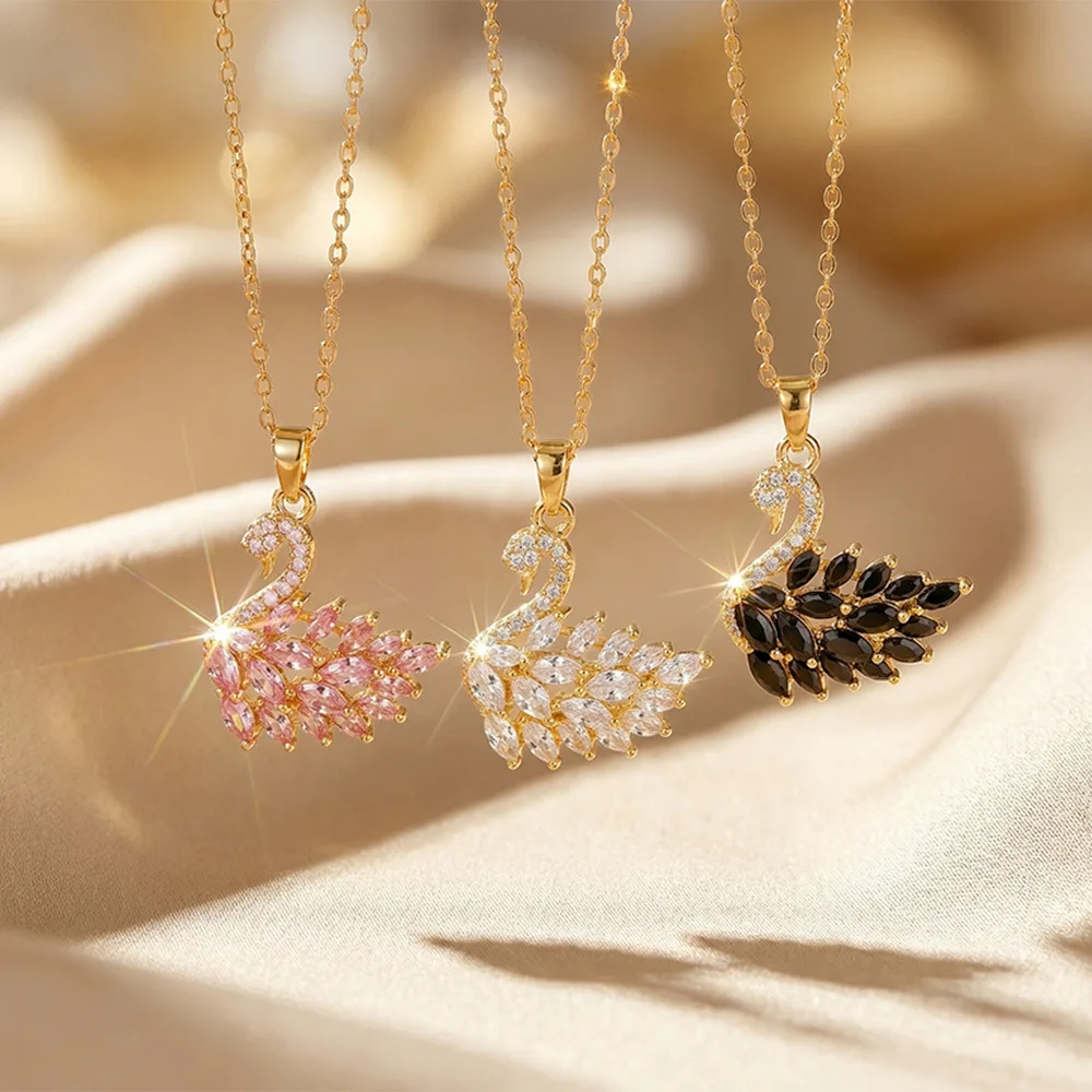 

Light luxury copper inlaid zirconium full diamond swan necklace for women, light luxury niche versatile titanium steel clavicle