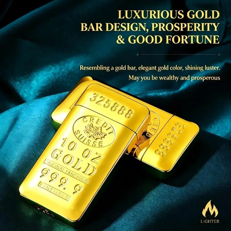 New Gold Bar Shaped Torch Lighter, Windproof Jet Blue Flame Refillable Butane Metal Cigar Igniter, Unique Novelty Smoking Access