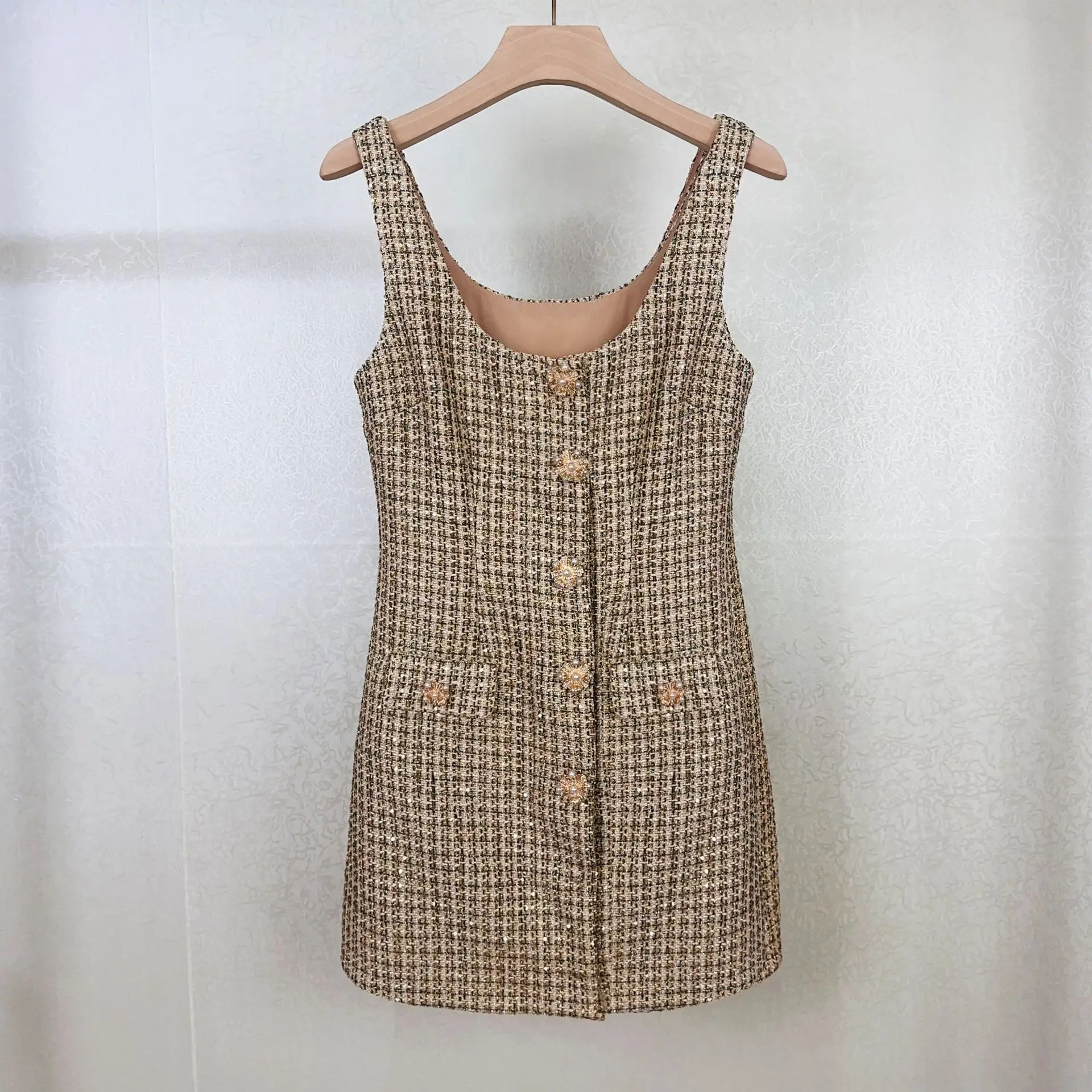 

Women Plaid Tweed Dress U-Neck Sleeveless Pearl Buttons Vintage Autumn 2024 Mini Robe