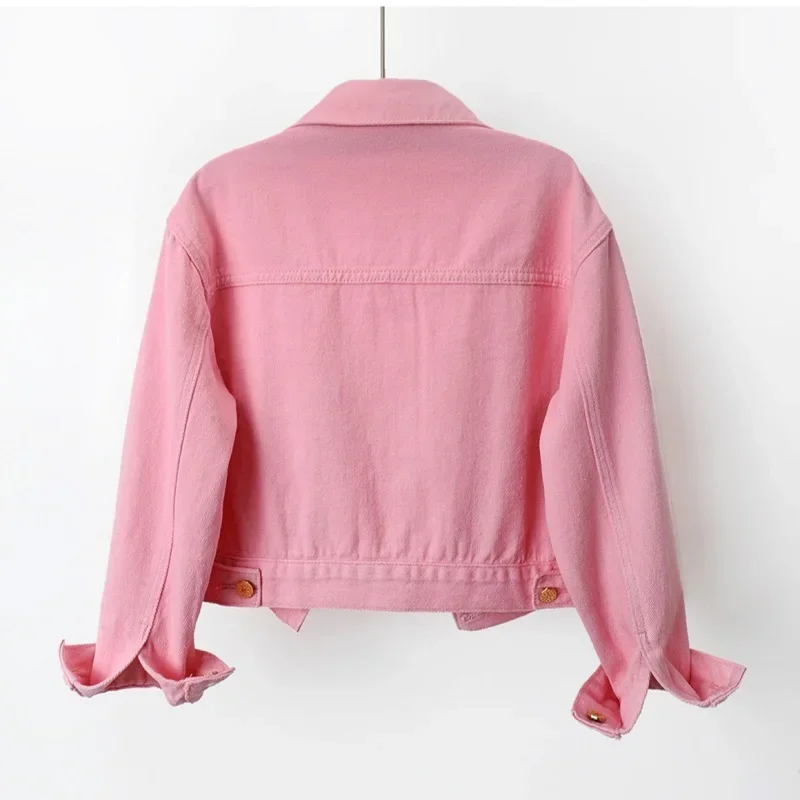 Spring Autumn Pink Big Pocket Long Sleeve Denim Jacket Women Loose Short Student Cowboy Outerwear Korean Jeans Jackets Female