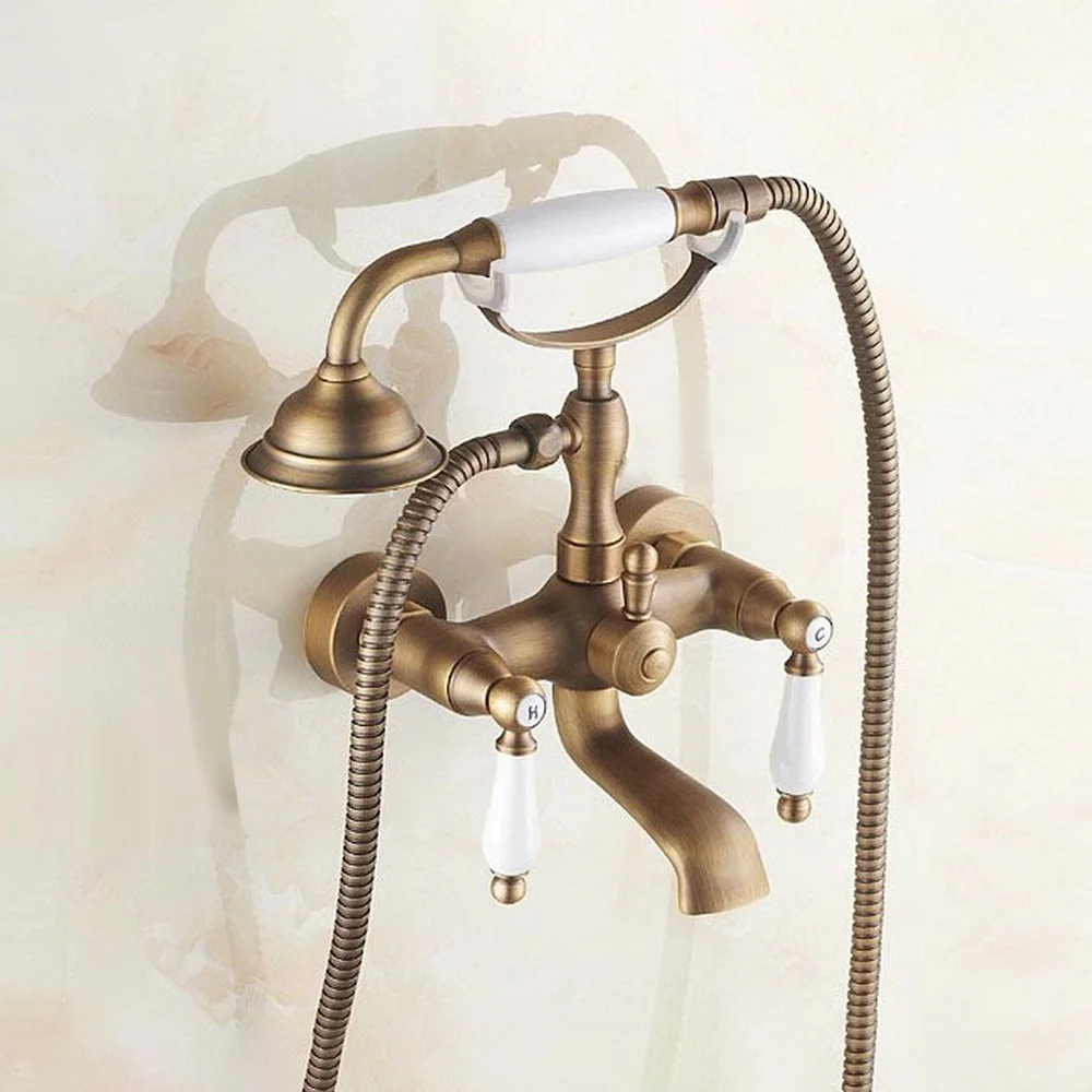 

Wall Mounted Antique Brass Bathroom Shower Faucet Bathtub Faucet Set with Telephone Style Ceramic Handheld Shower Spray Ltf152