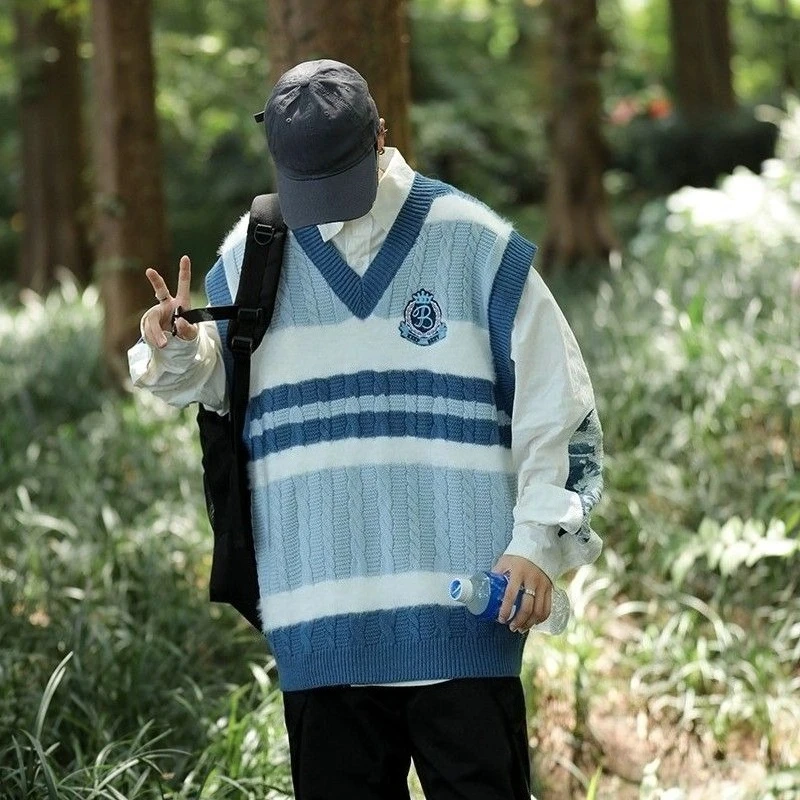 

Японский стиль Academy, модный пуловер для пар, вязаный кардиган, жилет, осенняя свободная верхняя одежда с v-образным вырезом и цветными блоками