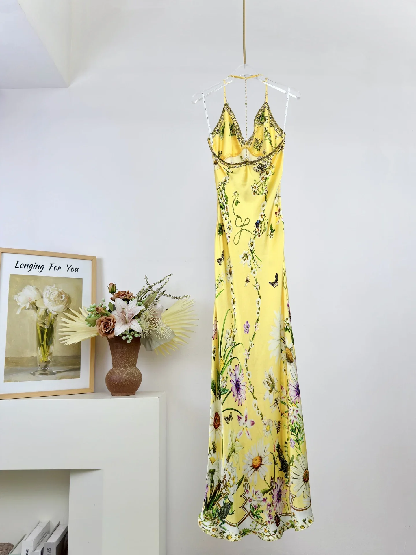 100% Zijde Vrouwen Kristal Kralen Maxi Jurk Halter V-hals Mouwloos Backless Hoge Taille Elegante Dames Sling Gewaad