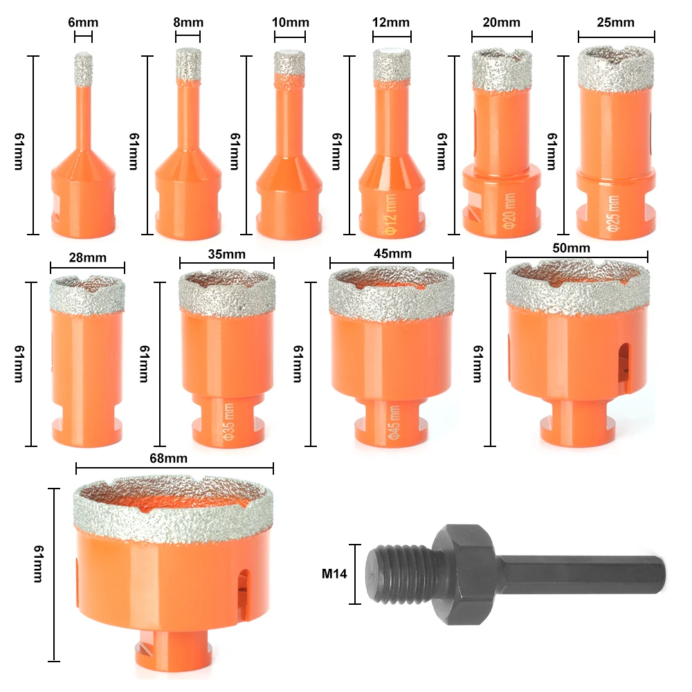 M14 Thread Diamond Dry Vacuum Brazed Drilling Core Drill Bits Set Porcelain Cup Saw Tiles Granite Marble Hole Saw Tools 12Pcs