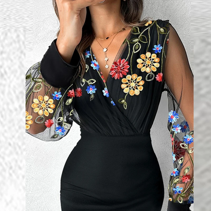 

Sexy V Neck Women Bodycon Party Dress Spring Elegant Embroidery Floral Mini Dres Fashion Lady Mesh See-through Sleeve Slim Dress