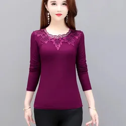 T-Shirt con cuciture in pizzo camicia fondo donna 2023 nuovo autunno inverno manica lunga aggiungi velluto caldo t-Shirt da donna Top Full Match