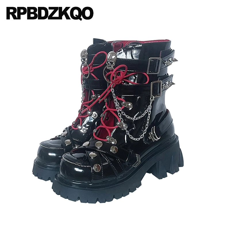 

Motorcycle Women Chain Lace Up Punk Boots Block Platform Round Toe Zipper Fur Metal Skull Shoes Spike Belts Patent Leather Ankle