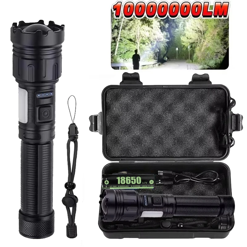

10000LM Powerful LED Flashlight with COB Side Light Tail Magnet Type-C Rechargeable Zoom Torch Outdoor Camping Emergency Light