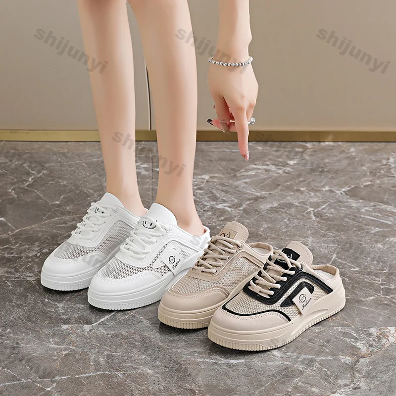 

Summer Increase Height Hard Wearing Platform Sandals Trendy Comfort Round Toe Breathable Mesh Casual Flats Women Half Drag Shoes