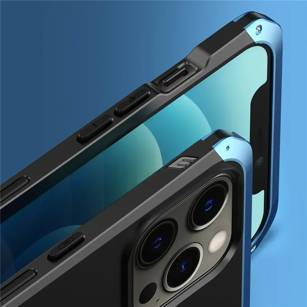Shockproof Metal Armor Case for iPhone, Aluminum and PC Cover for iPhone 11 Xs, 12, 13, 14, 15, 16 Pro Max, 13 Mini, 14 Plus, Xr