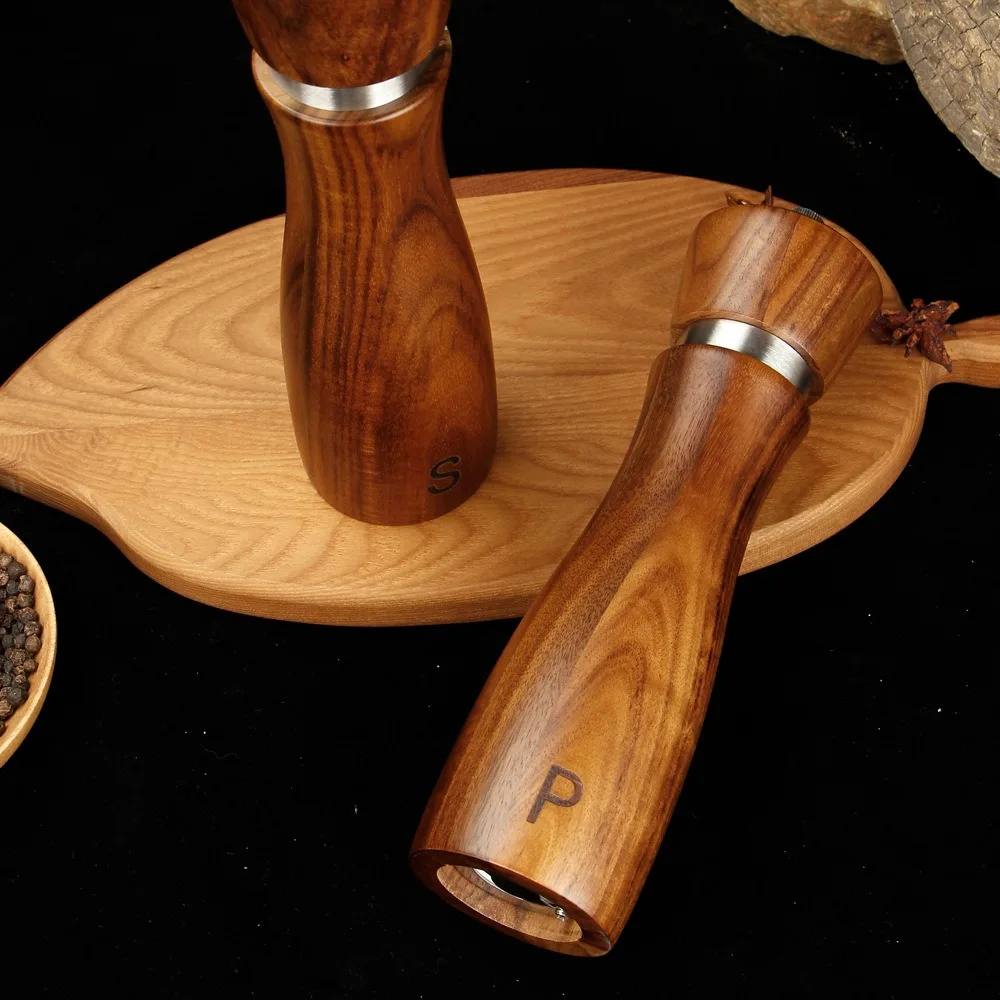 

2pcs Manual Wood Salt and Pepper Grinder Set Adjustable 8 Inch Salt and Pepper Mill Refill Ceramic Core Spice Mill BBQ