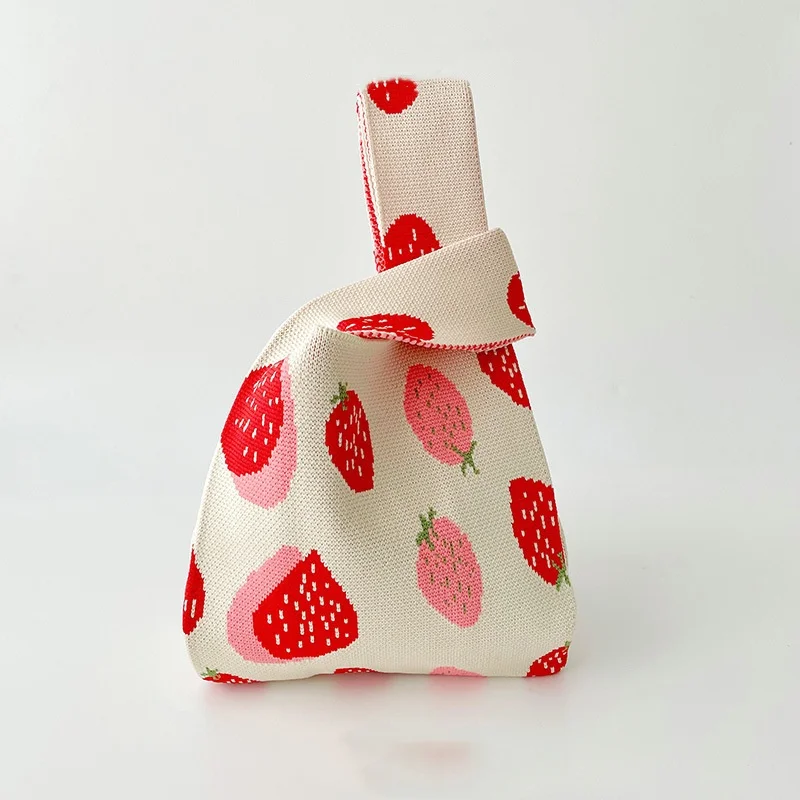 Borsa da polso retrò con nodo a fragola Borsa in maglia fatta a mano Mini borsa tote casual giapponese portatile Borse per la spesa riutilizzabili