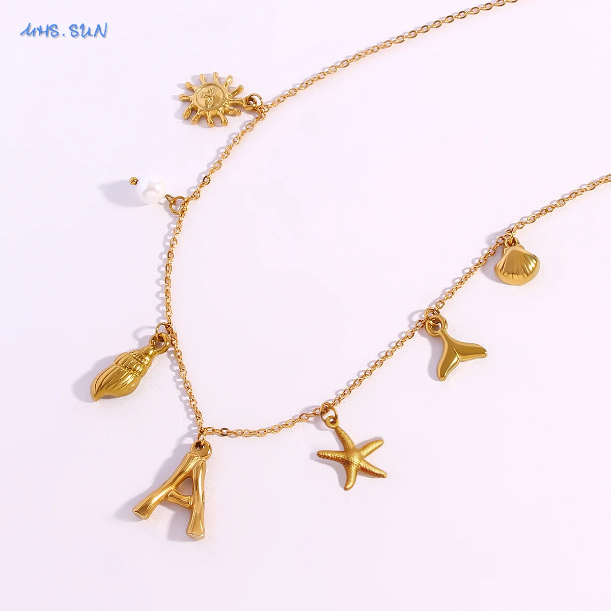 MHS.SUN Stainless Steel Starfish Sea Shell Necklaces Women Waterproof 26 Initial Multi-Pendant Necklace Summer Beach Jewelry