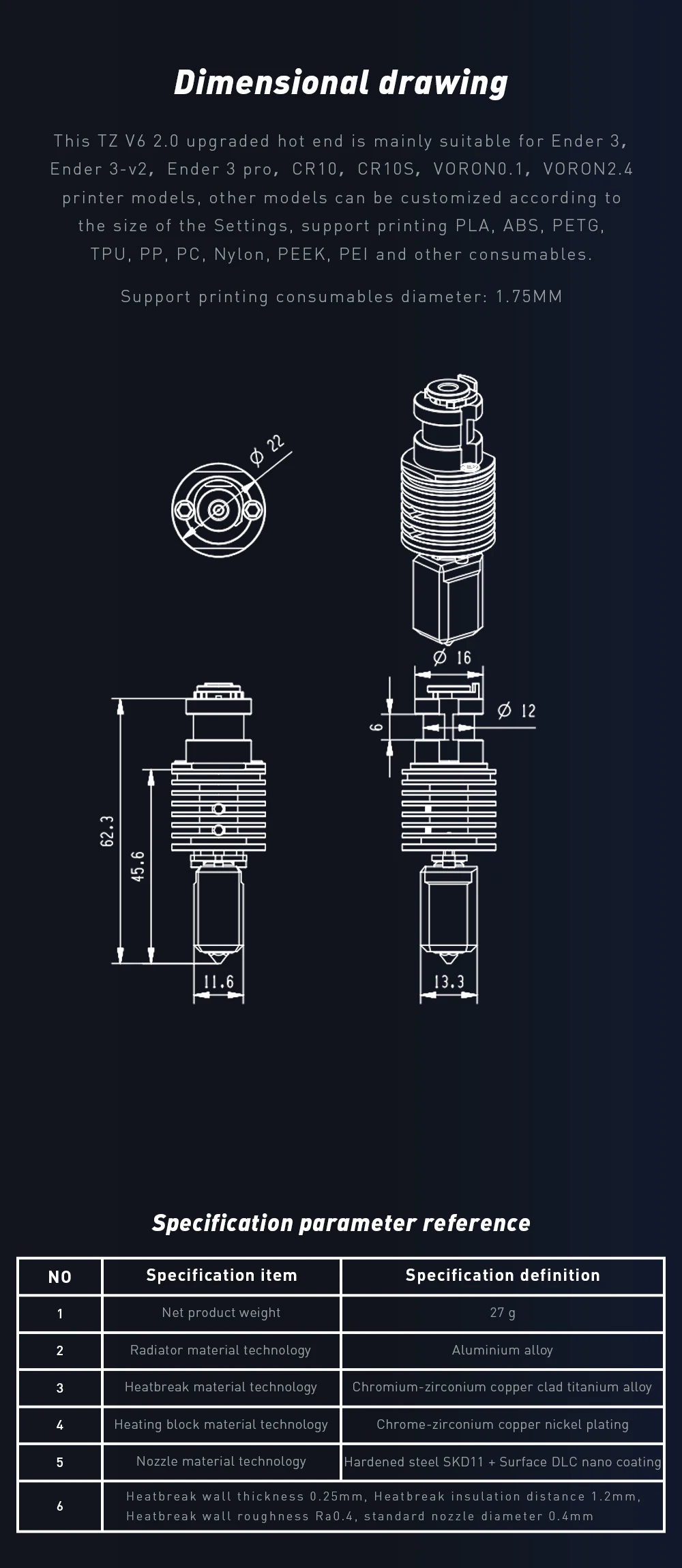 Hochgeschwindigkeits-Druckkopf-Upgrade V6 Hotend-Kit für Ender 3/Ender 3 PRO/VORON 2.4 Hi-End-Extruder J-Kopf für Prusa Ender 3 V2/CR10 – Detail 5