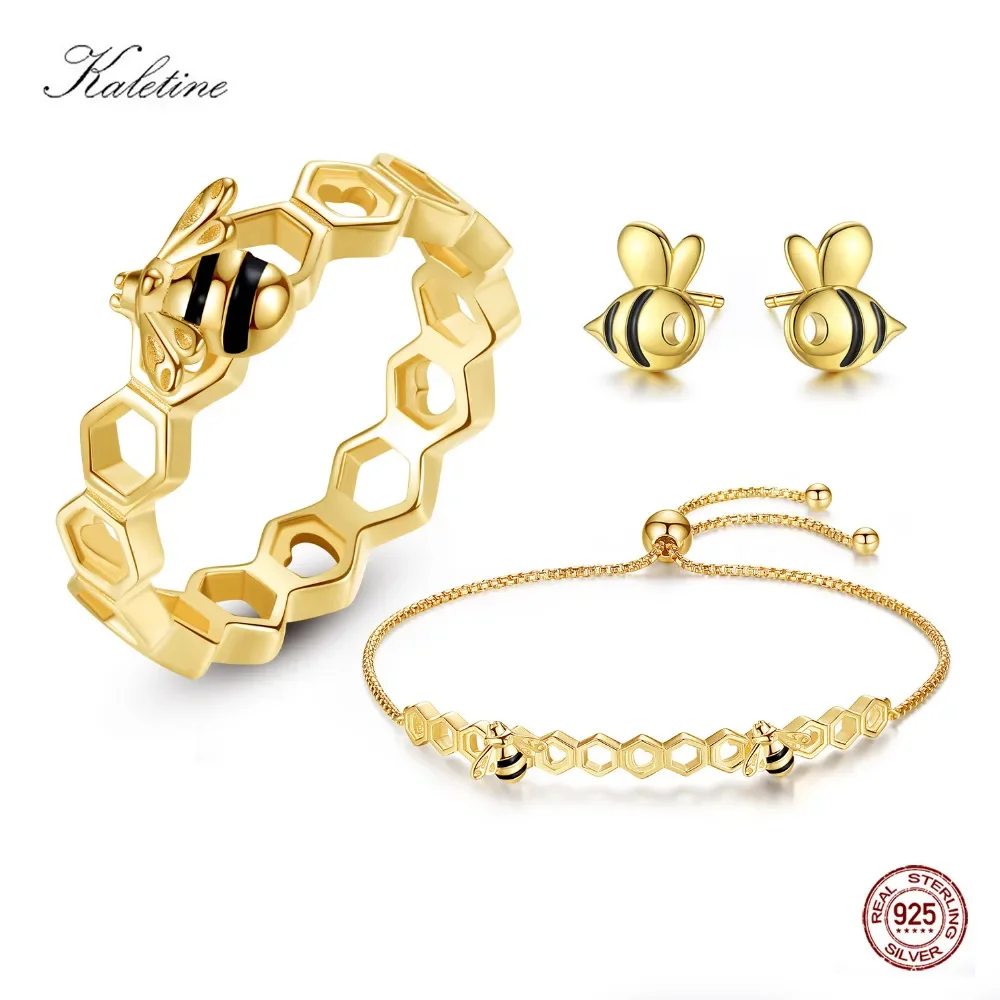 KALETINE Honeycomb Earrings Bracelet Rings Sets For Women Men Jewelry 925 Sterling Silver Luxuy Bee Yellow Gold Jewelry Sets