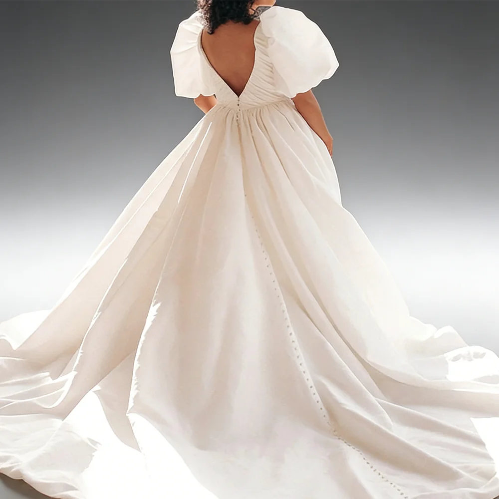 Klassieke V-hals Ruches Backless Pofmouwen A-lijn Bruid Trouwjurken Bruidsjurken Op maat