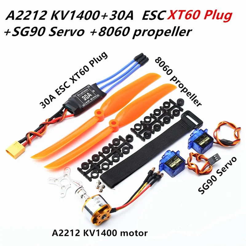2X A2212 1400KV 브러시리스 모터 30A ESC XT60 플러그 SG90 9G 미니 서보 8060 RC 고정 날개 비행기 헬리콥터 용 프로펠러-AA02