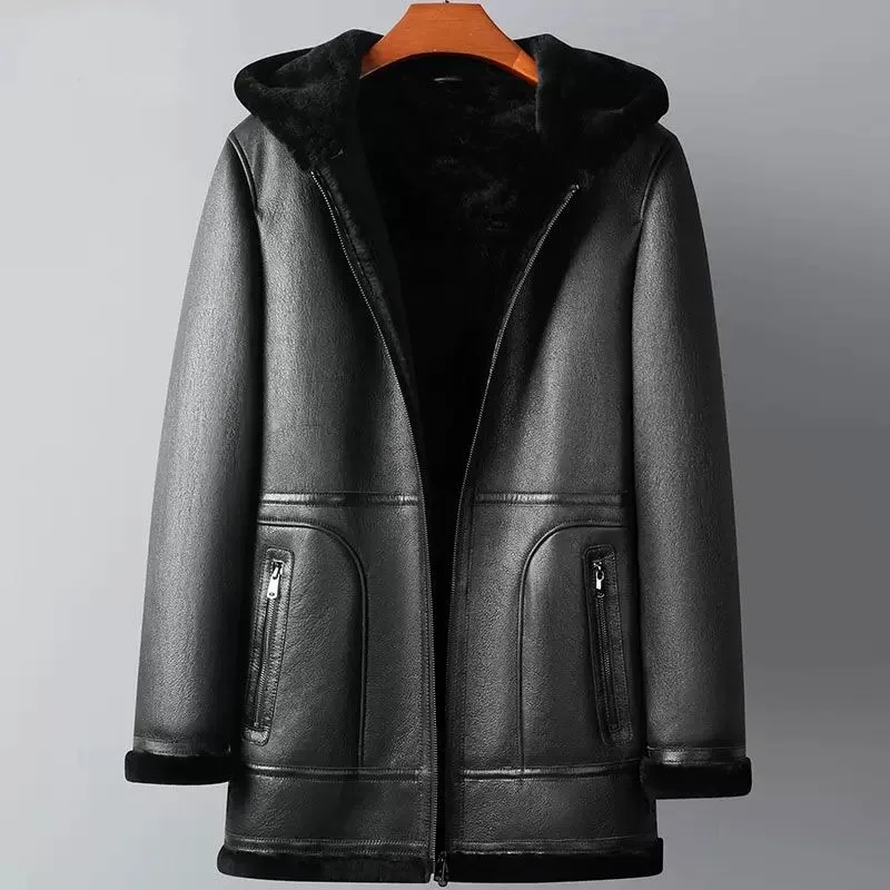

Winter Business Casual Faux Fur One-piece Coat Men Mid-length Fur One-piece Hooded Men's Leather Jacket High-end Fashion Warmth