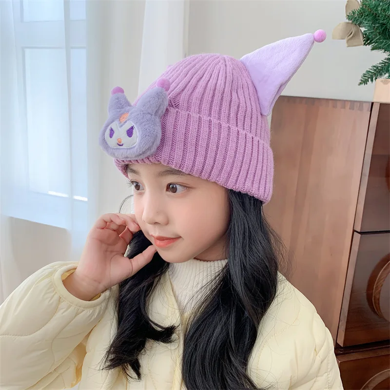 Sanrio Kuromi Cartoon Cute Children's Beanie Hat Creative Anime Character Kawaii Thickened Warm Knitted Beanie Hat Wholesale