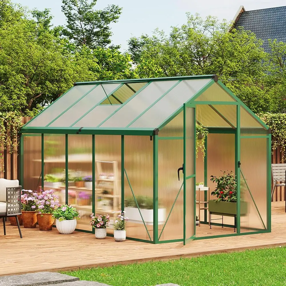 

6 x 10 FT Greenhouse, Greenhouses for Outside, Polycarbonate Greenhouse with Aluminum Frame, Lockable Door and Adjustable Roof V