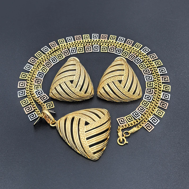 Italian Necklace Earrings Exquisite Gold Plated Geometric Triangle Pendant Bridal Jewelry Set For Wedding Party Banquet