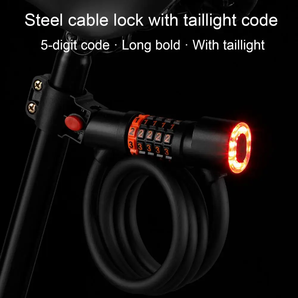 Bike Lock with Tail Light High Security Anti Theft Bike Lock 5 Digit Re-settable Combination Bike Cable Lock Bicycle Accessories