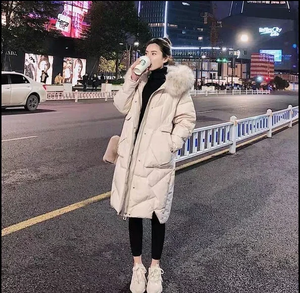 White duck down jacket female 2021 new winter Korean version of the knee large fur collar long thick small jacket