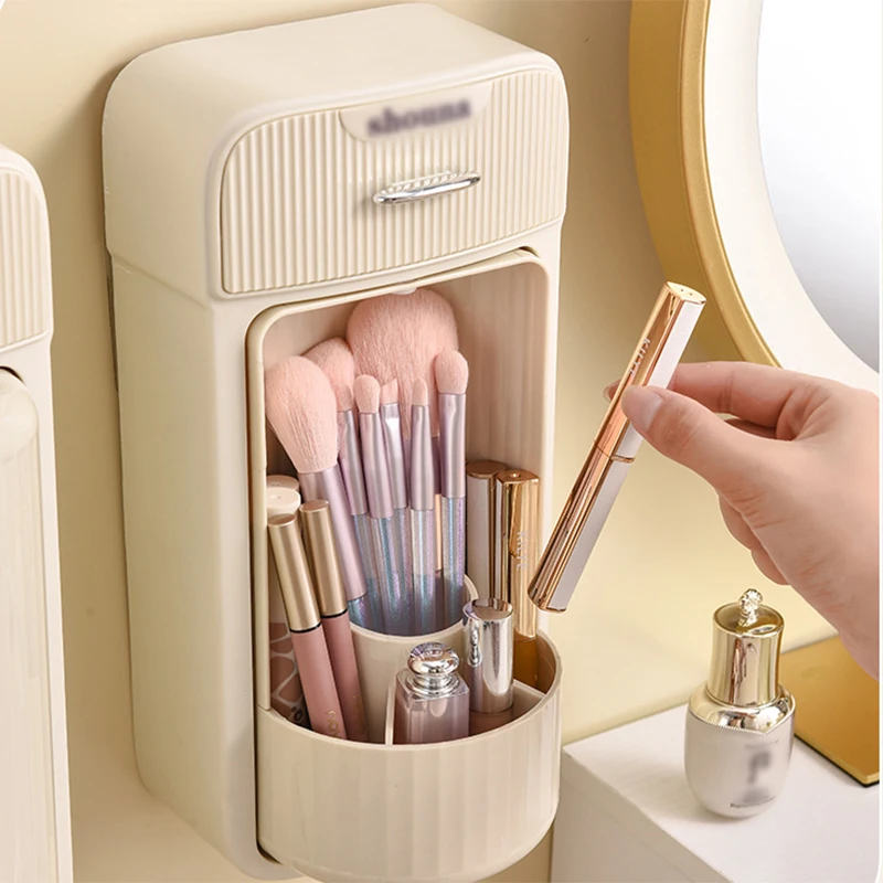 

360° Rotating Makeup Organizer Bathroom Big Capacity Waterproof Cosmetic Box with Lid Brush Holder Eyebrow Skin Care Storage Box