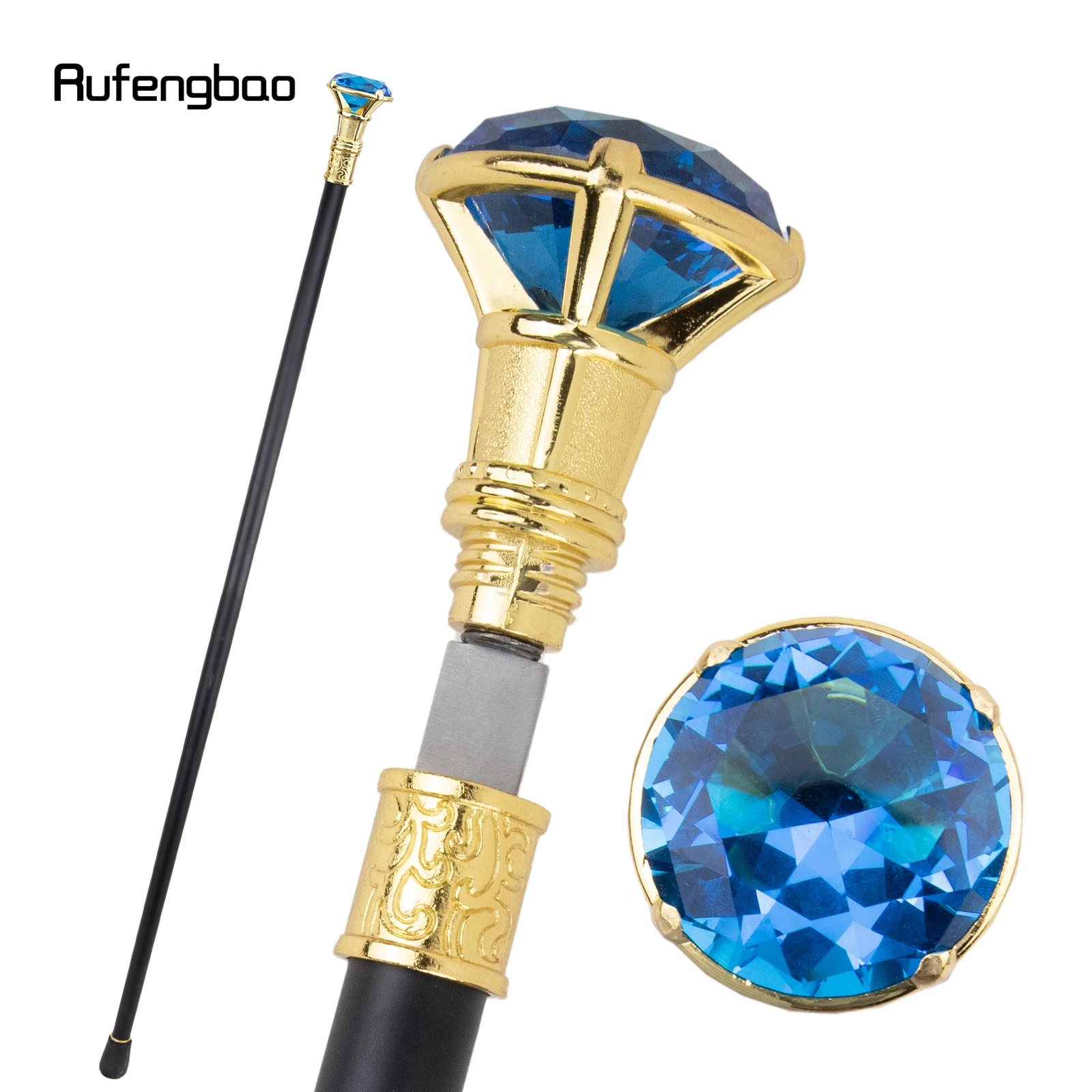 

Blue Diamond Single Joint Golden Walking Stick with Hidden Plate Self Defense Fashion Cane Plate Cosplay Crosier Stick 93cm