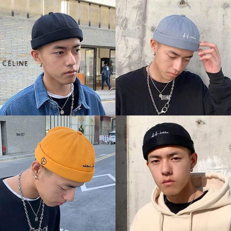 Boné Docker de algodão para homens Vintage Dome Hat Brimless Hip Hop Chapéus macios ajustáveis, Street Caps, boné de cor sólida, na moda