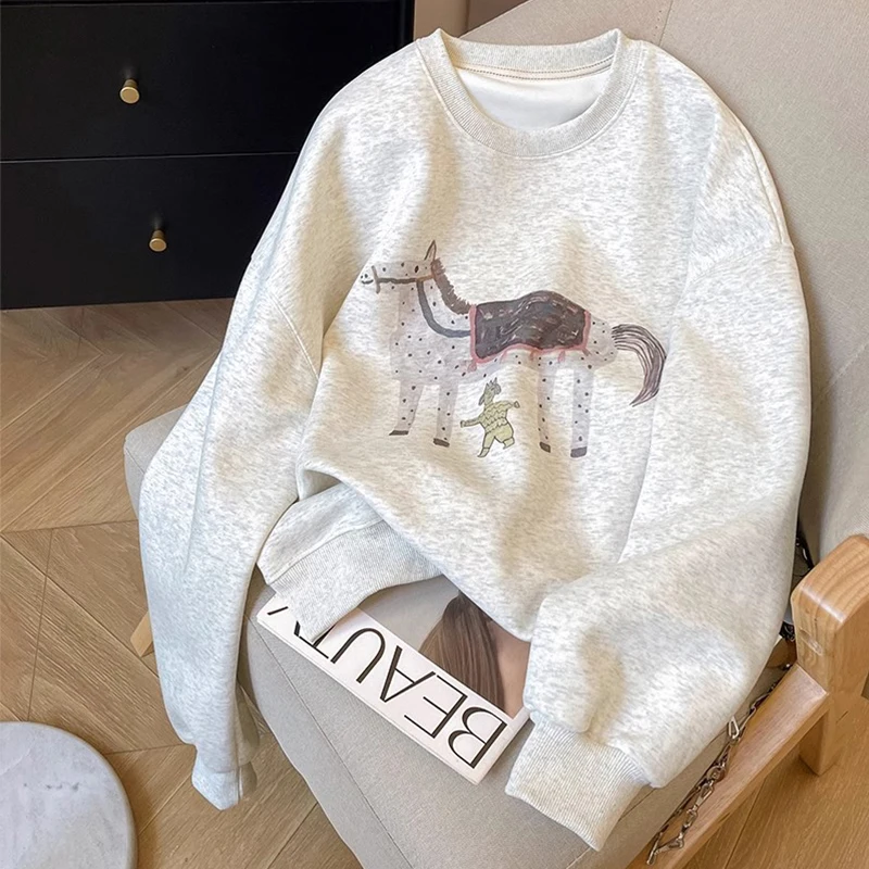 Womens Clothing White Vintage Street Sweatshirt Y2K Pullover Shirt Letter Printing Long Sleeves Casual Warm Oversize Ladies Tops