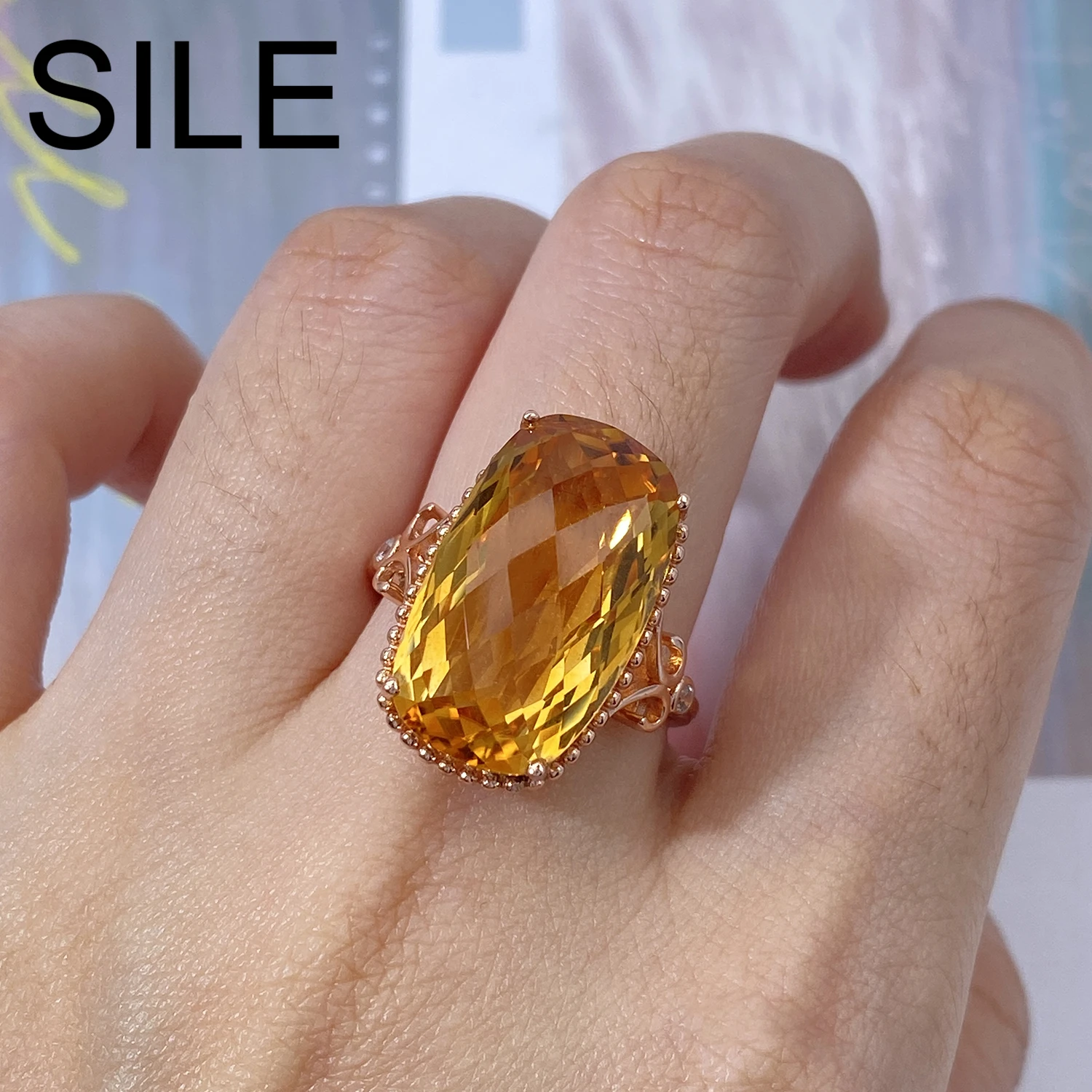 

SILE Rose Gold Plated 925 Sterling Silver Women's Rings Luxury Gemstone Natural Citrine Jewelry Party Dating Engagement Rings