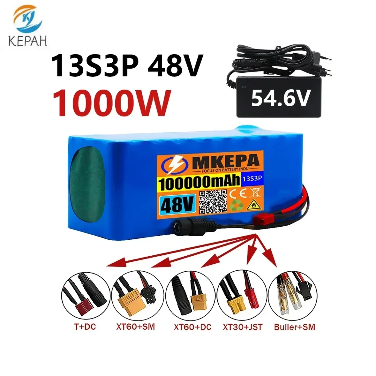 13S3P 48V 100000 Paquete de batería de iones de litio mAh 100Ah con BMS de 1000W para bicicleta eléctrica Scooter de 54,6 V + cargador de 54,6 V