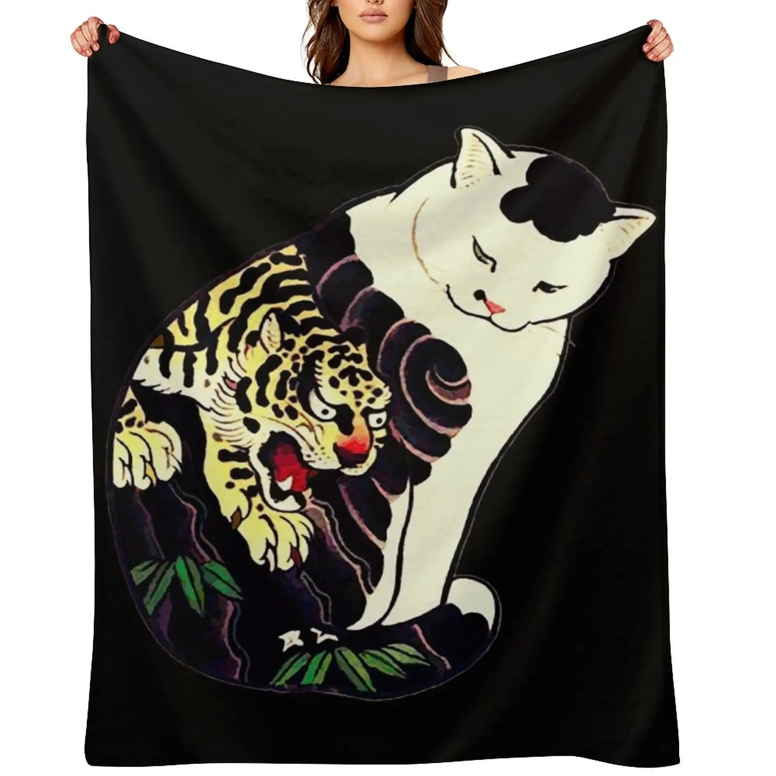 

Antique Japanese Woodblock Print Cat with Tiger Tattoo Throw Blanket Designers Comforter Flannel Winter beds Blankets