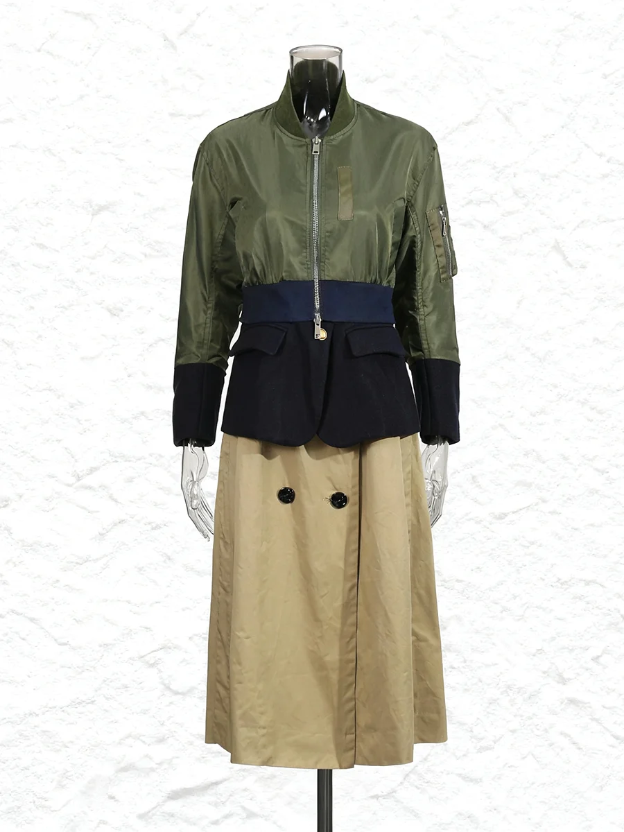TWOTWINSTYLE Colorblock Streetwear Patchwork Button Coat For Women Stand Collar Long Sleeve Spliced Zipper Designer Coats Female