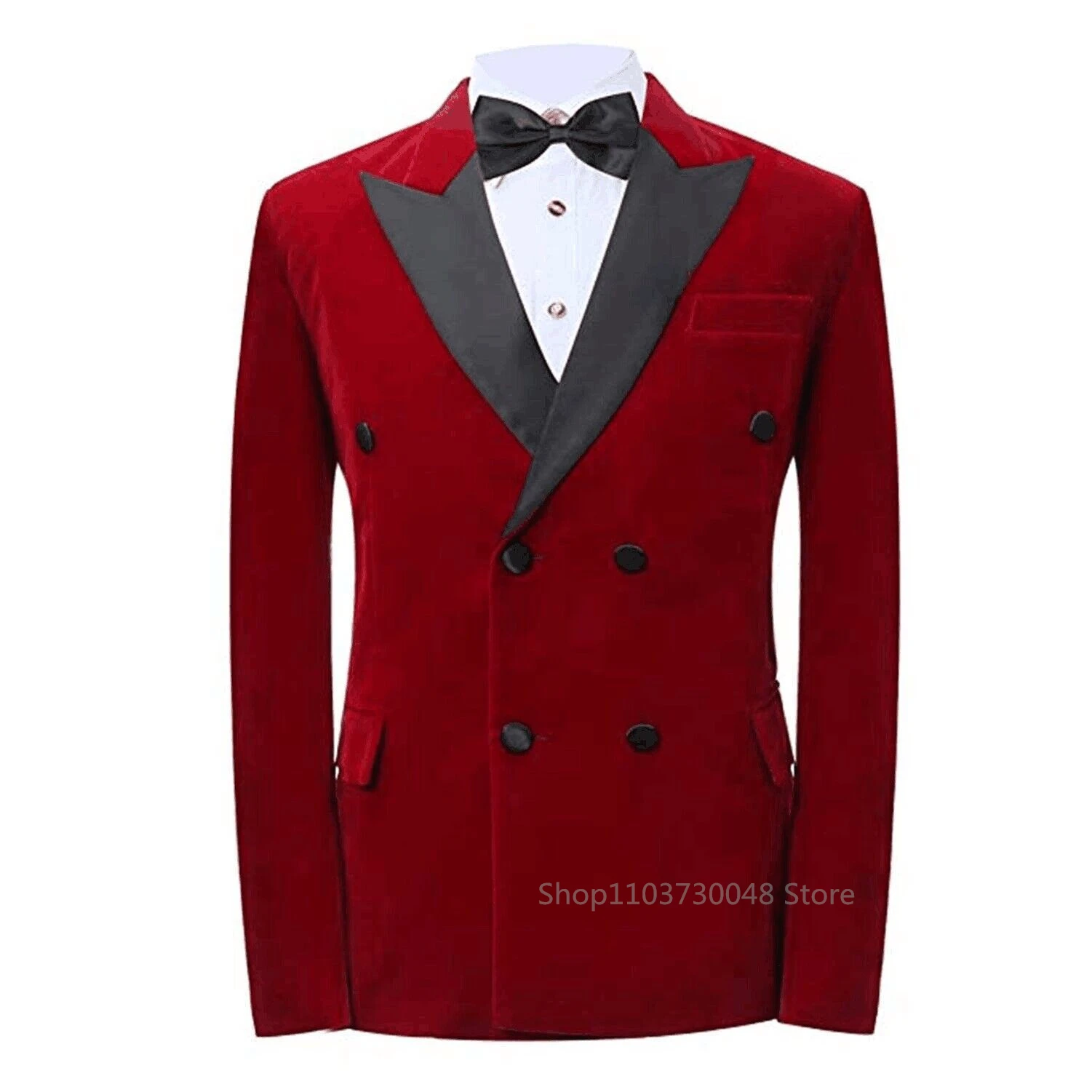 Formal Red Velvet Blazer for Men with Peak Lapel Double Breasted Dinner Jacket Elegant Slim Fit Smoking Suit Coat for Wedding