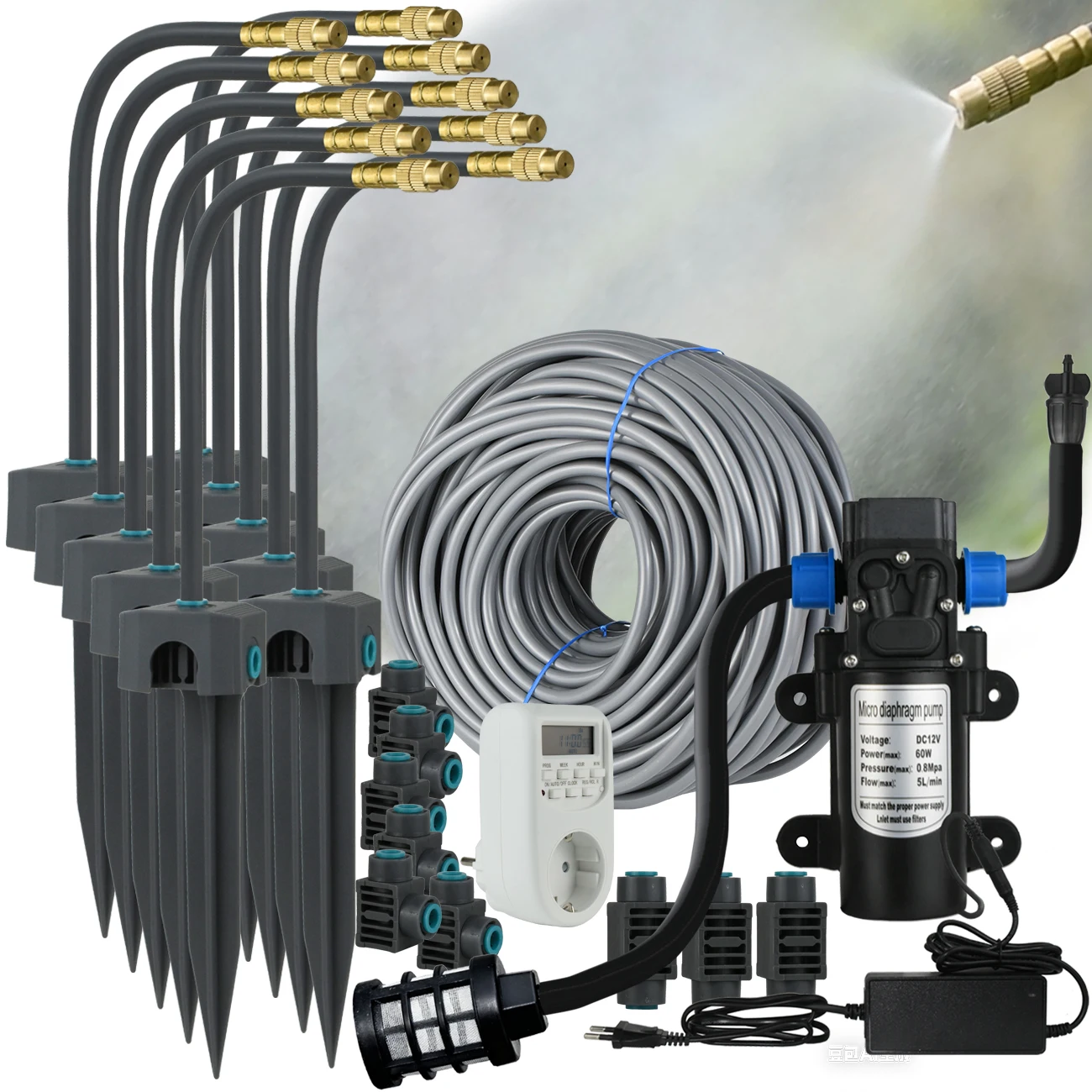 

5M-30M 360° Bendable Mist Brass Cooling Sprinkler Self-priming Pump Watering System Quick Push-in Connector Drip Irrigation Kit