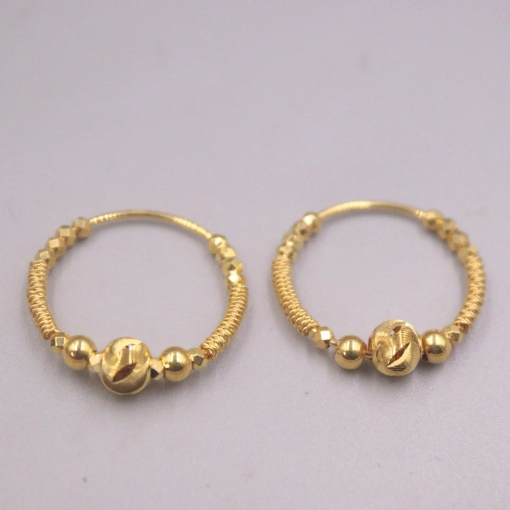 

Real Pure 18K Yellow Gold Hoop Women Gift Lucky Unique Beads Circle Earrings 2.67g