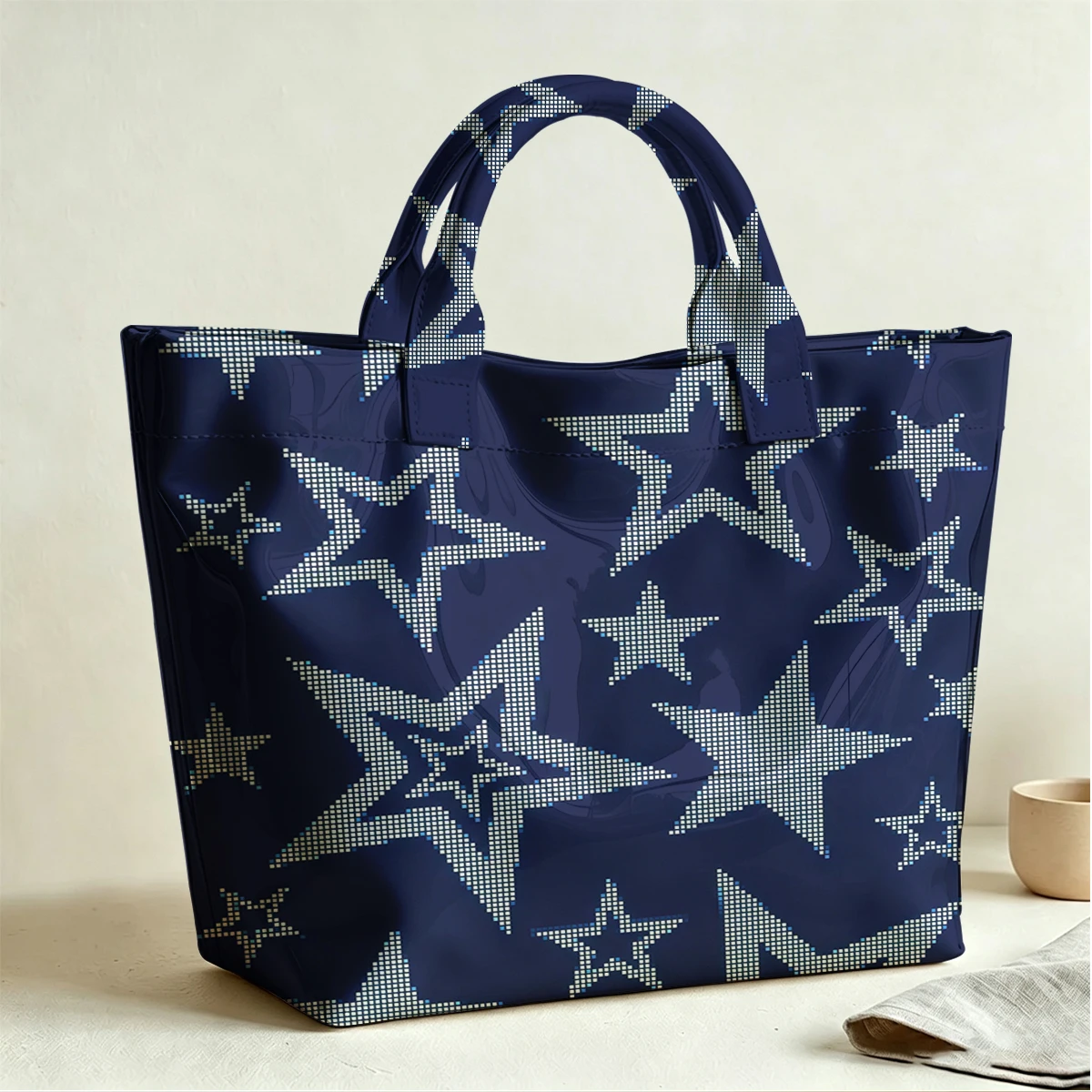 Pixel Stars Large PVC Waterproof Capacity Canvas Shoulder Bag Dual Side Print Tote Bag Daily Shopping Bag Fashion Handbag