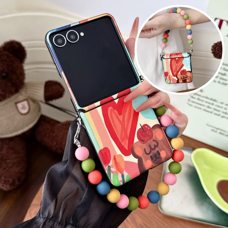 For Samsung Z Flip 8 7 6 5 4 3 Side‑Buckle Oil‑Painting Love Heart Pattern Phone Case Decorative Bracelet Wrist Strap Cover